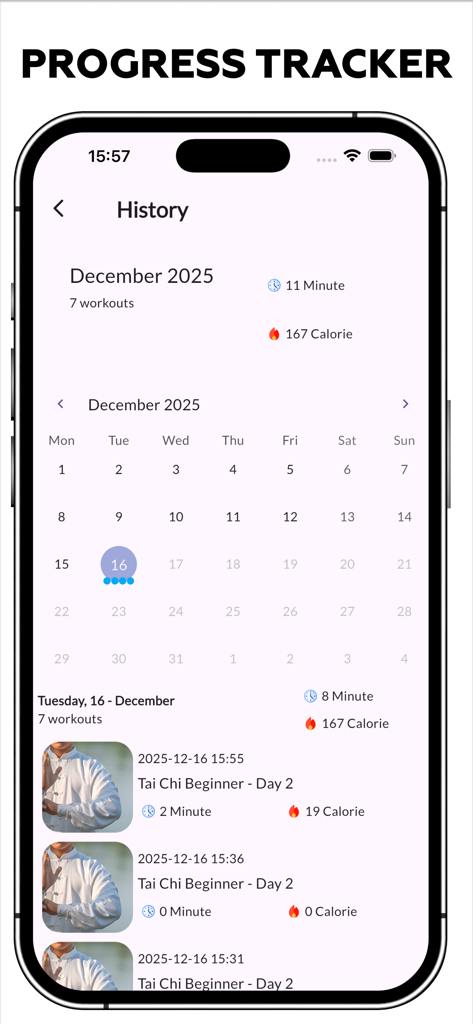 App Tai Chi Trainer che mostra la cronologia degli allenamenti e il calendario dei progressi