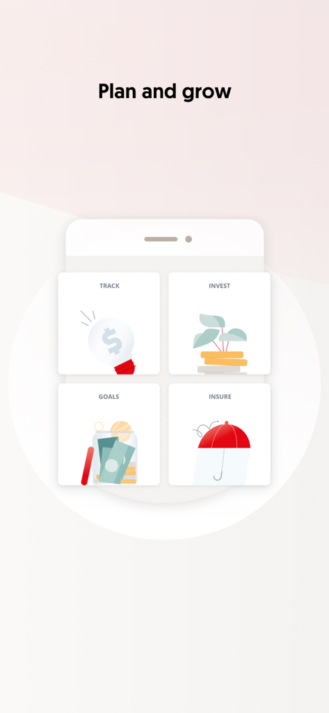 OCBC Singapore - OCBC Singapore app screen showing icons for tracking finances, investing, setting goals, and managing insurance.