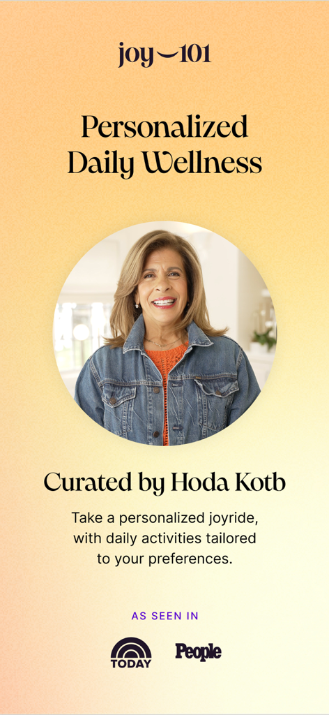 호다 코트브와 '개인 맞춤형 매일 웰니스'라는 문구가 포함된 Joy 101 앱 소개 화면