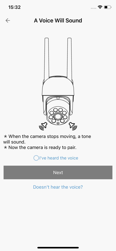 Aibien - Aibien app setup screen for pairing a security camera with a voice prompt confirmation