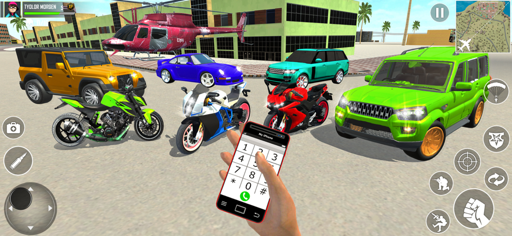 Indian Bikes And Cars Driving - A collection of indian cars and bikes in an open world setting with a mobile phone interface for cheat codes