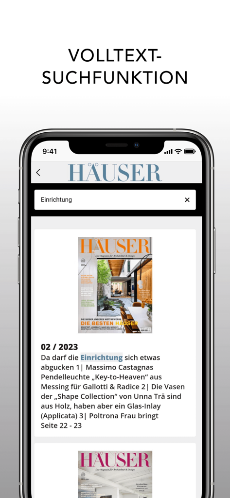 Häuser Magazin app showing the full-text search functionality on an iPhone screen.