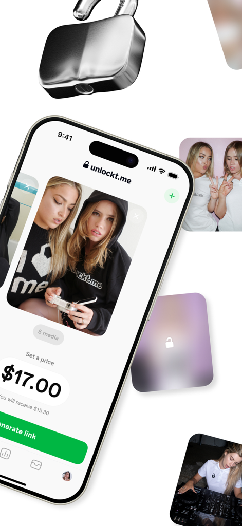 iPhone montrant l'interface de l'application Unlockt pour définir un prix et vendre des fichiers multimédias.