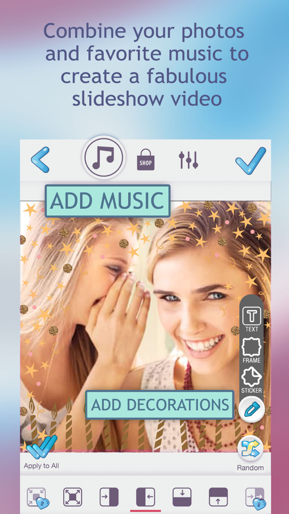 Birthday Slideshow Maker – Free Funny Video.s - A mobile interface for the Birthday Slideshow Maker app showing options to add music and decorations to a photo of two friends.