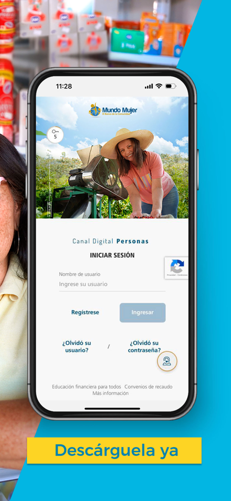 Banco Mundo Mujer - Tela de login do aplicativo móvel Banco Mundo Mujer exibindo o campo de entrada do nome de usuário e uma imagem de fundo de uma empresária.