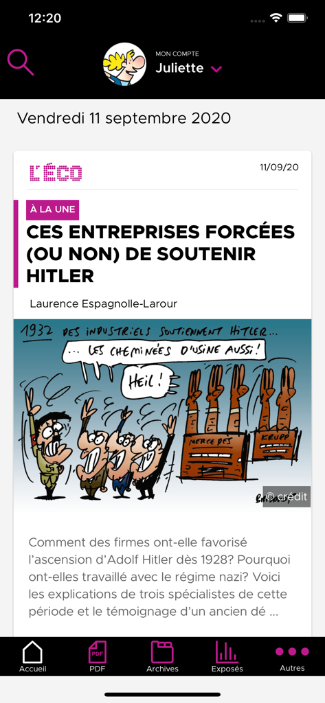 L'ÉCO - LECO app interface showing a news article about economic history with a cartoon illustration
