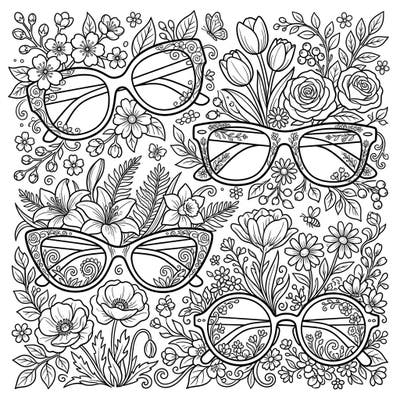 Celebrate the beauty of spring and fashion with this intricate coloring page featuring stylish women's eyewear. Immerse yourself in a garden of blooming flowers and elegant glasses, ready for your creative touch.
