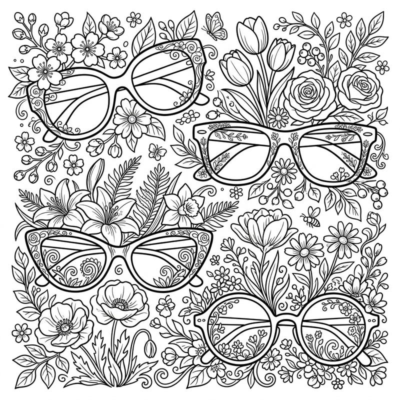 Celebrate the beauty of spring and fashion with this intricate coloring page featuring stylish women's eyewear. Immerse yourself in a garden of blooming flowers and elegant glasses, ready for your creative touch.