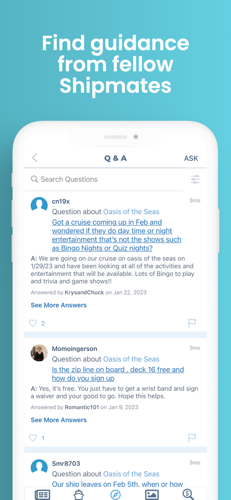 Shipmate app Q and A screen showing community guidance and cruise ship questions