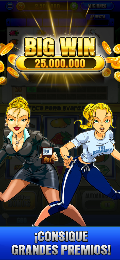 FBI Academy - Tragaperras Bar - Big Win screen in FBI Academy slot game showing a prize of 25 million coins and two female agent characters