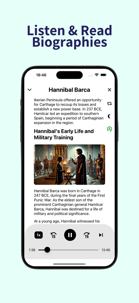 Histou: School of Greatness - A mobile screen from the Histou app displaying the biography of Hannibal Barca with text and an audio playback interface