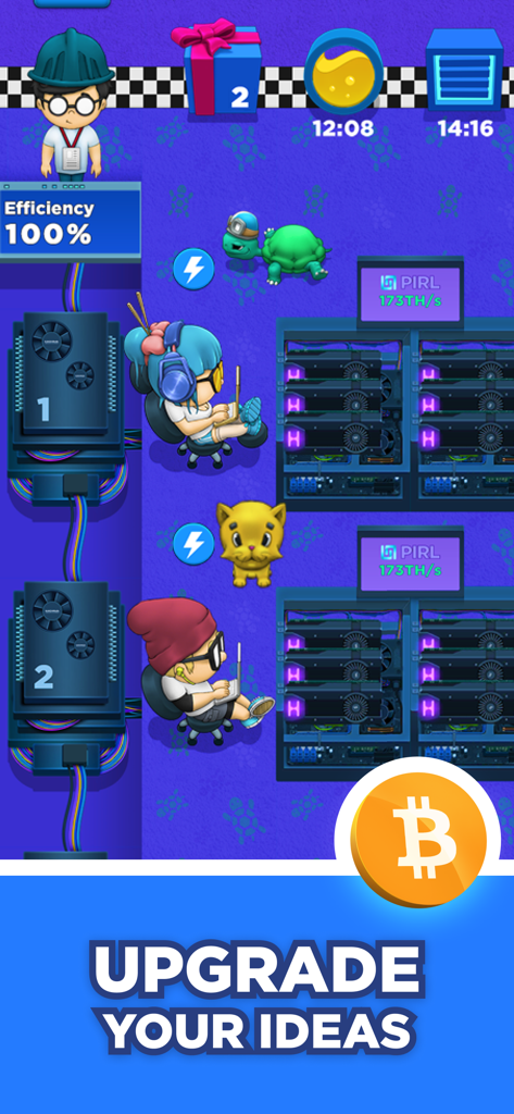 Gameplay screen showing cartoon characters managing virtual crypto mining rigs and factory efficiency