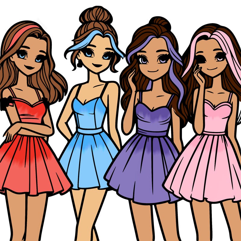 four beautiful teen girls in dresses