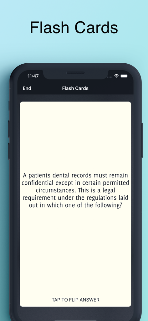 Flashcard dall'app Dental Nurse Revision Exam che chiede sulla riservatezza delle cartelle cliniche dei pazienti