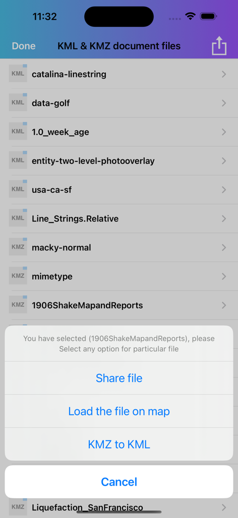 KML KMZ Viewer-Converter - Mobile screen displaying a list of KML files and a popup menu for sharing or converting them