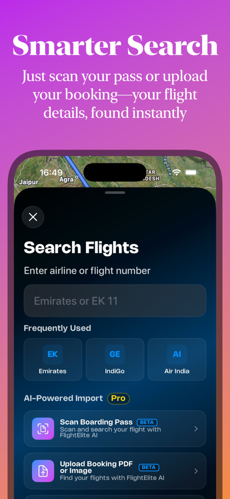 Flight Tracker: FlightElite AI - Smarter flight search interface with AI-powered boarding pass scanning and booking upload features.