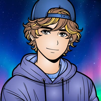 teen boy with longish short wavy hair with a hat and hoodie