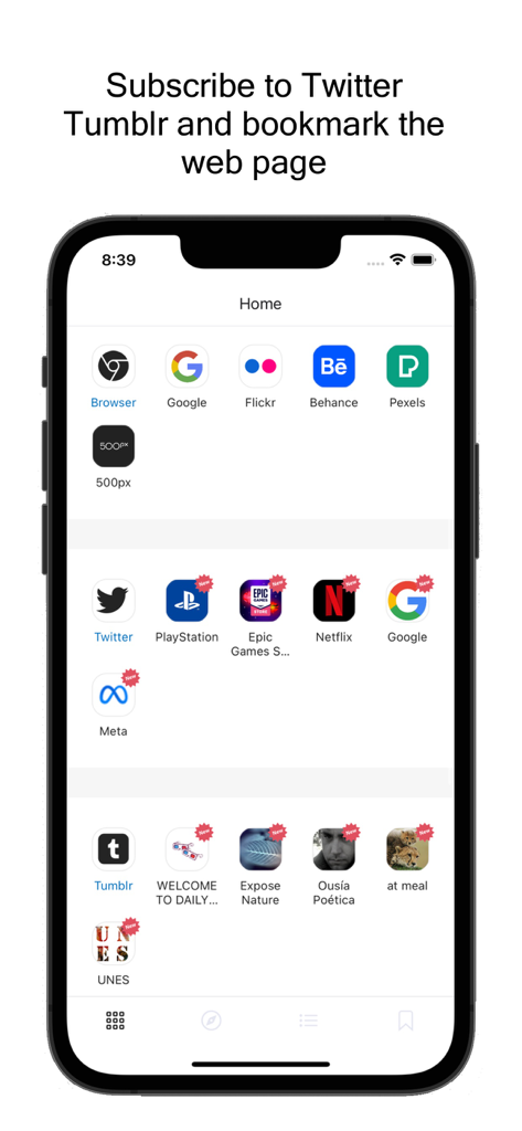 FetcherX Bookmarks - FetcherX app home screen displaying icons for Twitter Tumblr and various web bookmarking options
