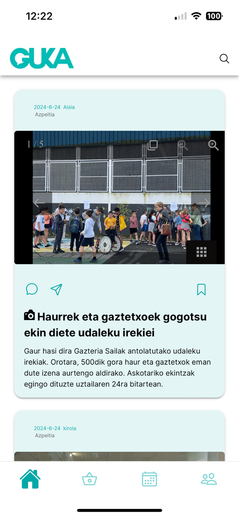 La pantalla de inicio de la aplicación Guka mostrando un artículo de noticias hiperlocal en idioma vasco