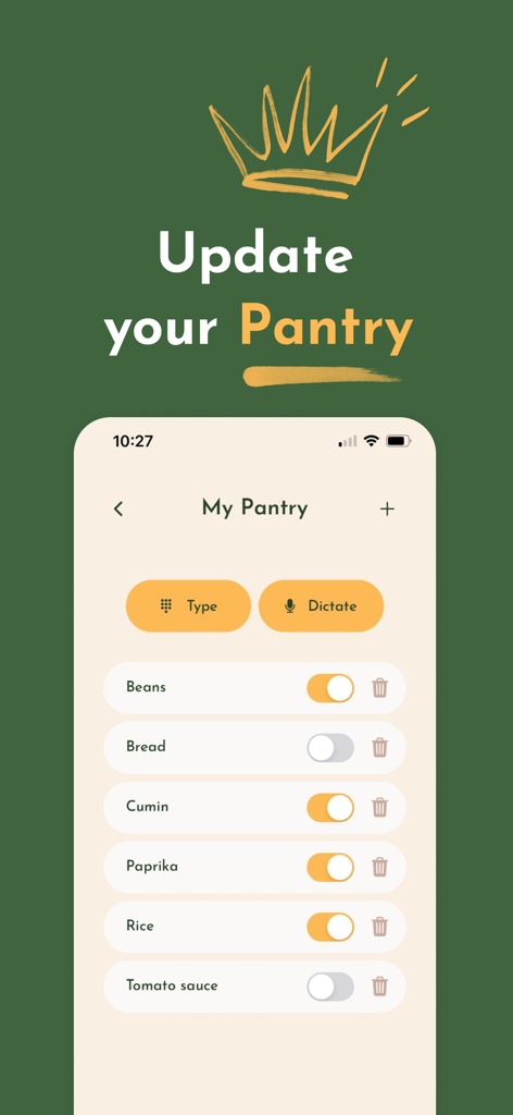 Recipe Maker & Saver - Crumb - Capture d'écran de l'interface du garde-manger de l'application Crumb montrant une liste d'ingrédients comme des haricots, du pain et des épices avec des interrupteurs pour suivre l'inventaire.