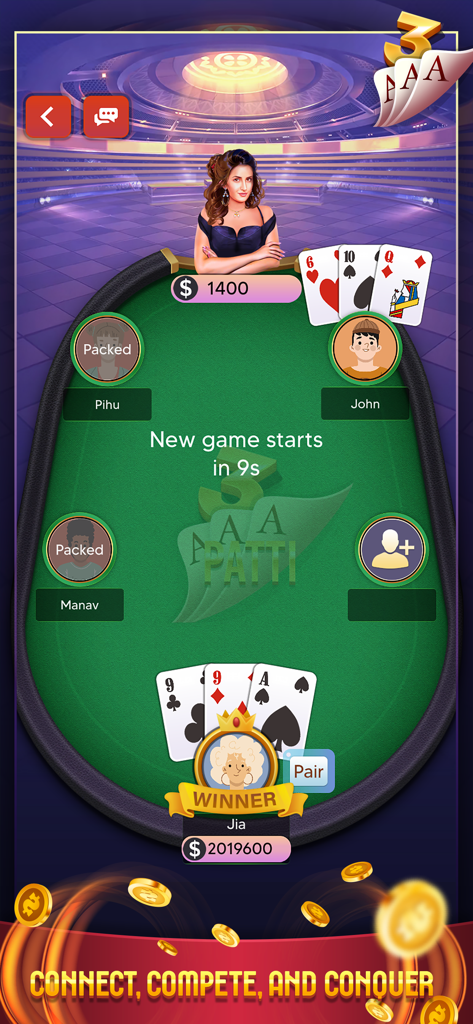 Teen Patti: Indian Poker - Gameplay screen of Teen Patti Indian Poker featuring a winner at a virtual card table.