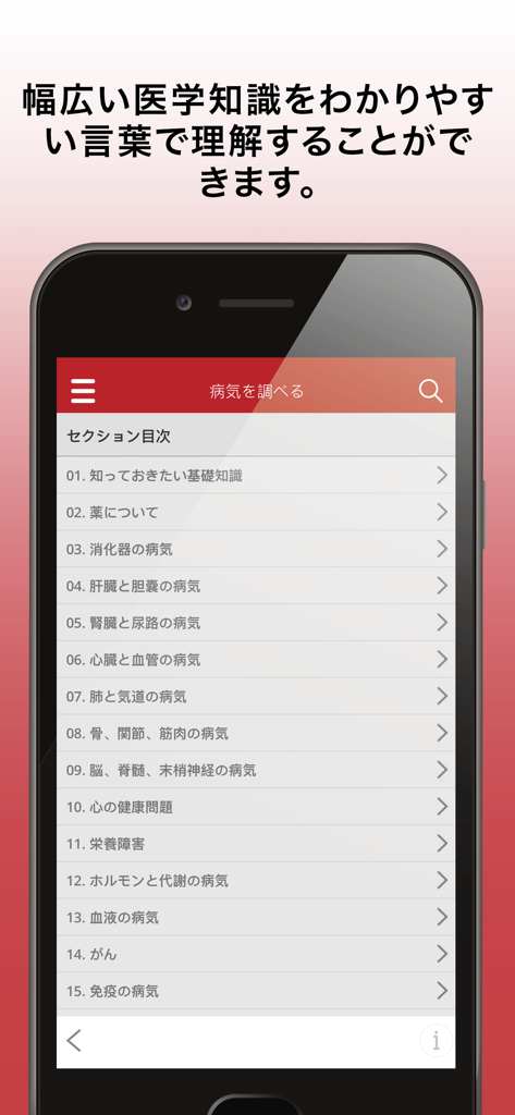 A screenshot of the MSD Manual Consumer Version mobile app showing a list of medical categories and health topics in Japanese