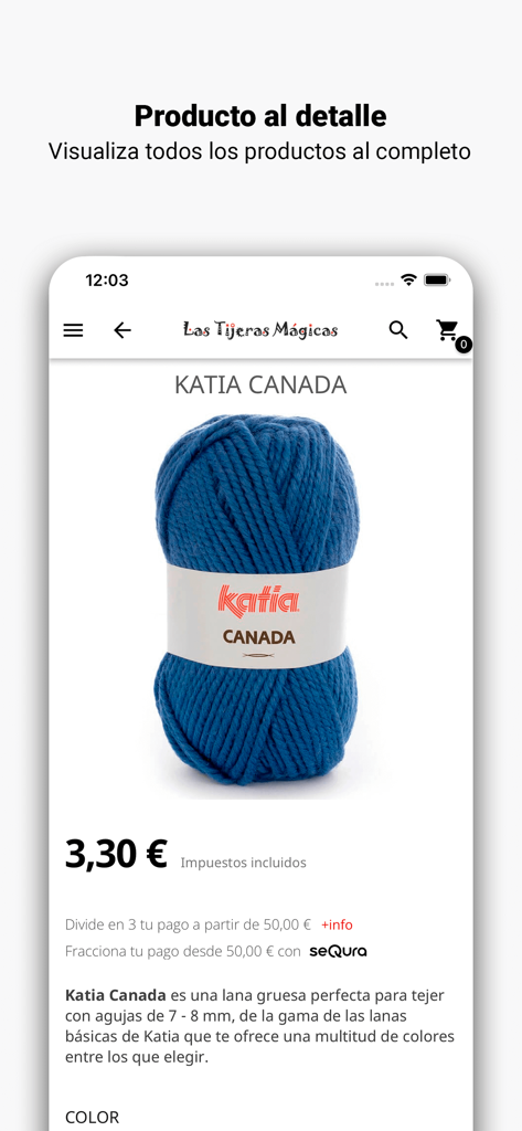 Las Tijeras Mágicas - Página de detalles del producto para lana azul Katia Canada en la app Las Tijeras Magicas