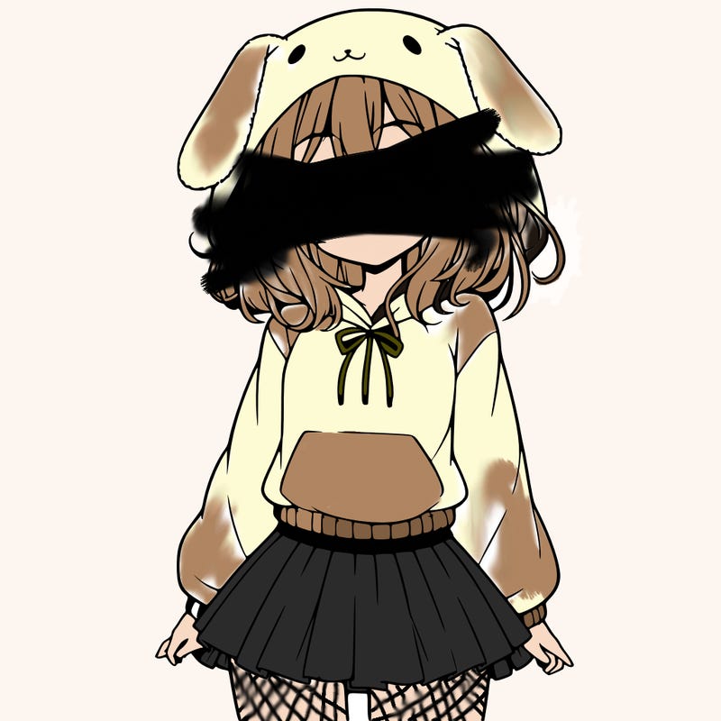 pretty anime girl wearing a fluffy hoodie with bunny ears on the hood and a skirt