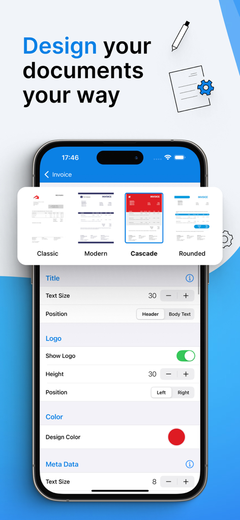 BillMore mobile app screen showing options to design and customize professional invoice templates.