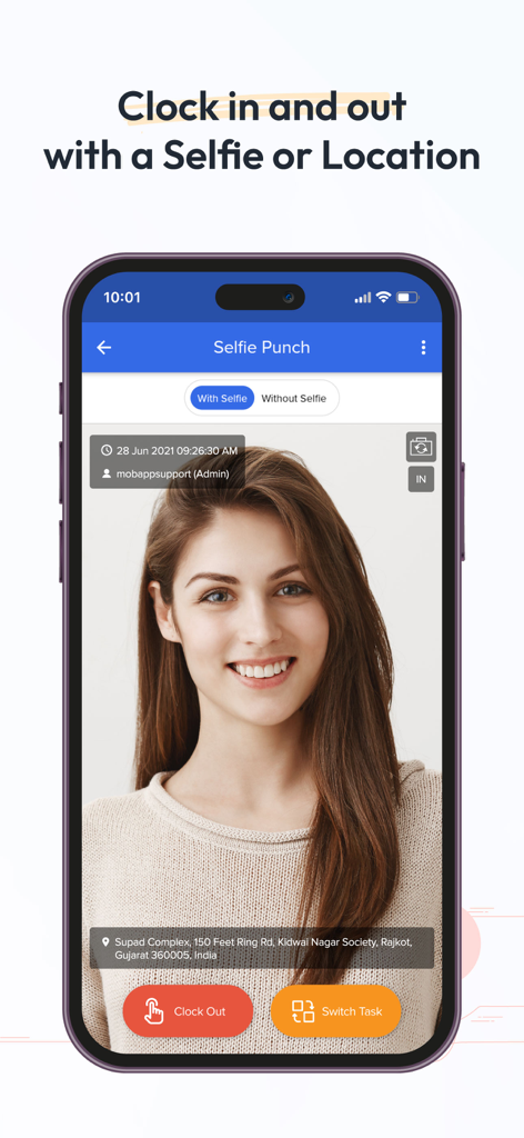 factoTime - Attendance App - factoTime app showing an employee clocking in using the selfie punch feature with GPS location verification