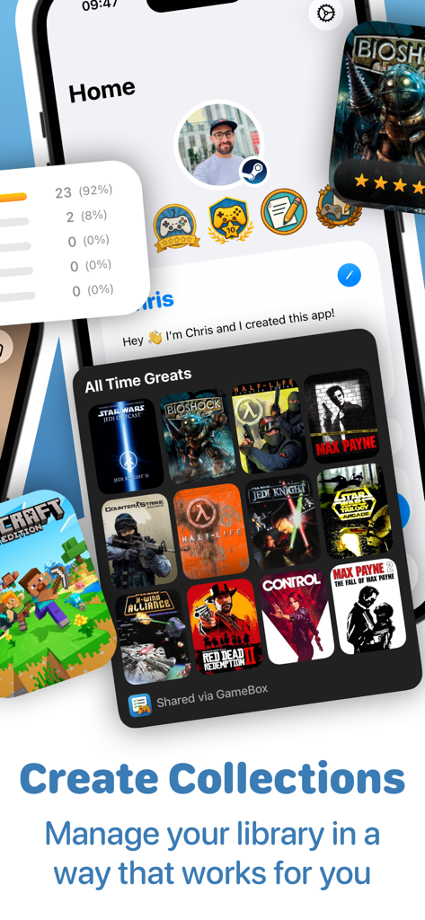 GameBox: Game Collection Log - Interface of the GameBox app showing a curated collection of top rated video games and user profile statistics.