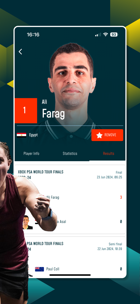Player profile and match results for Ali Farag on the PSA Squash Tour app