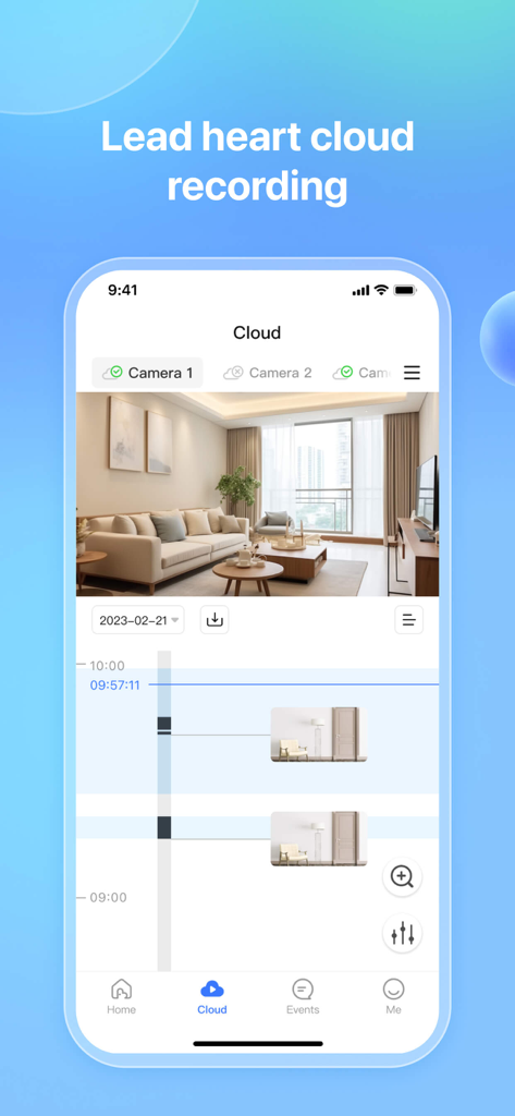 CareCam Pro - Pantalla de la aplicación CareCam Pro que muestra el historial de grabaciones en la nube y la línea de tiempo de vídeo