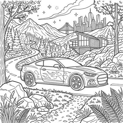 Hit the road with this thrilling coloring page featuring a stylish coupe car against a breathtaking full scene landscape. Perfect for teen artists, this intricate design offers hours of creative fun.