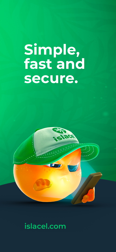 Islacel orange mascot holding a smartphone with text Simple fast and secure