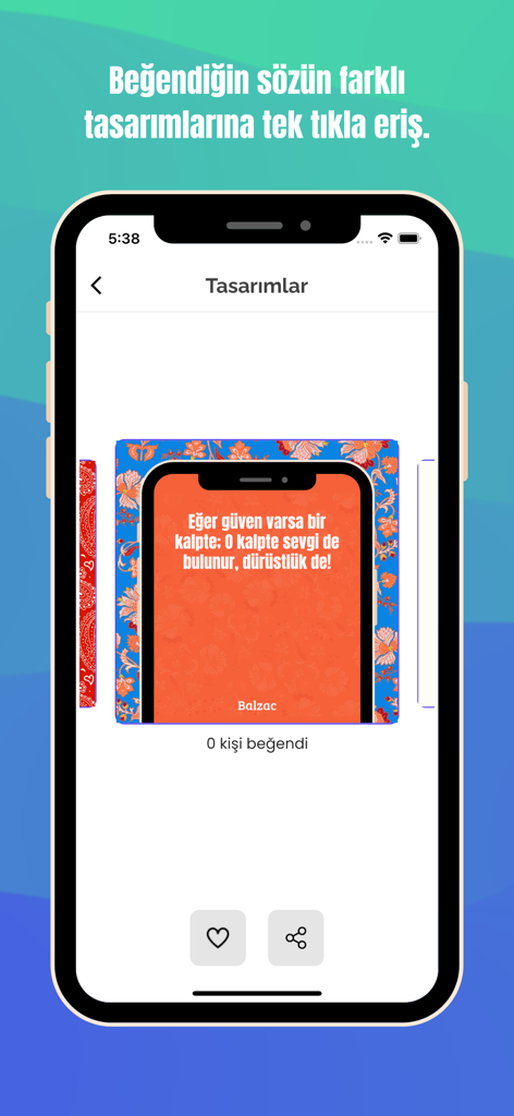 Aşk ve Sevgi Sözleri - Interfaz de aplicación móvil mostrando una cita turca de Balzac sobre un fondo decorativo naranja y azul con opciones para compartir y dar me gusta.