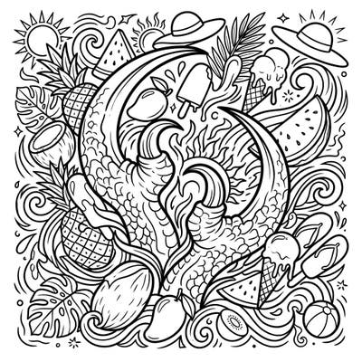 Unleash your creativity with this epic coloring page, blending the prehistoric power of Velociraptor claws with a vibrant summer vacation theme. Enjoy coloring intricate details of tropical fruits, sweet treats, and beach essentials in one dynamic design.