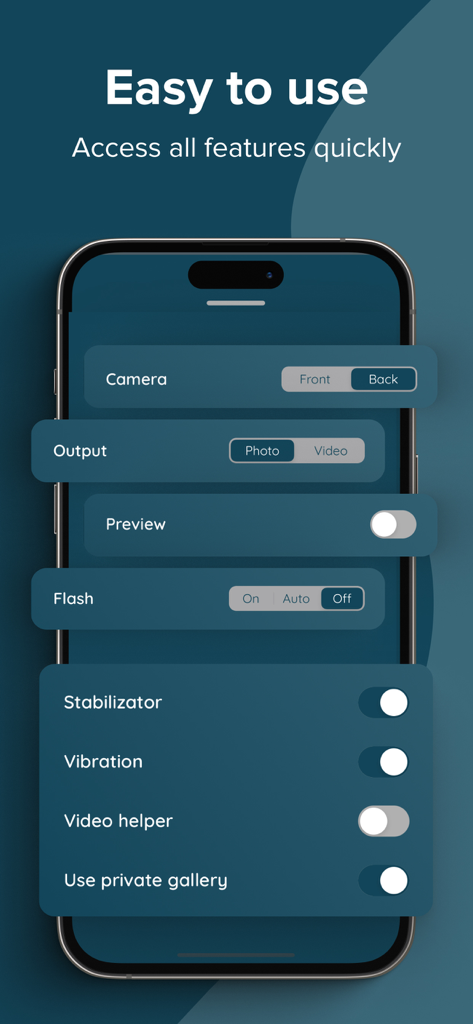 User interface of the Discreet camera app showing settings for photo, video, stabilization, and private gallery.