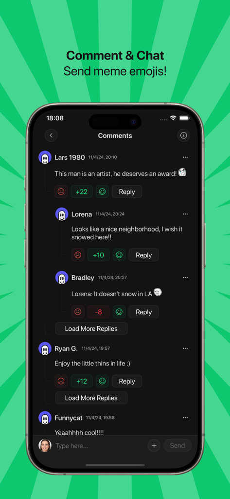 Capture d'écran de l'application Memedroid montrant l'interface des commentaires et du chat avec les interactions des utilisateurs et les emojis de mèmes.