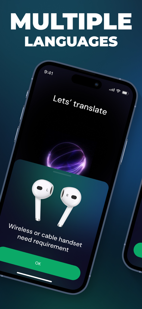 Air Translate app interface showing a prompt for wireless or cable headset requirement for real-time translation.