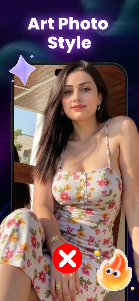 Smartphone screen showing a photo of a woman with dating app interface elements like a red X and a flame icon