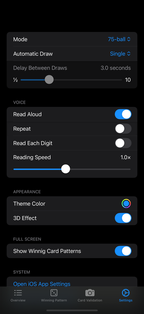 Call Me Bingo - Settings screen of the Call Me Bingo app showing options for game mode automatic draw and voice calling configurations.