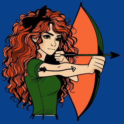 a woman with curly and messy hair using a bow to shoot arrow realistic