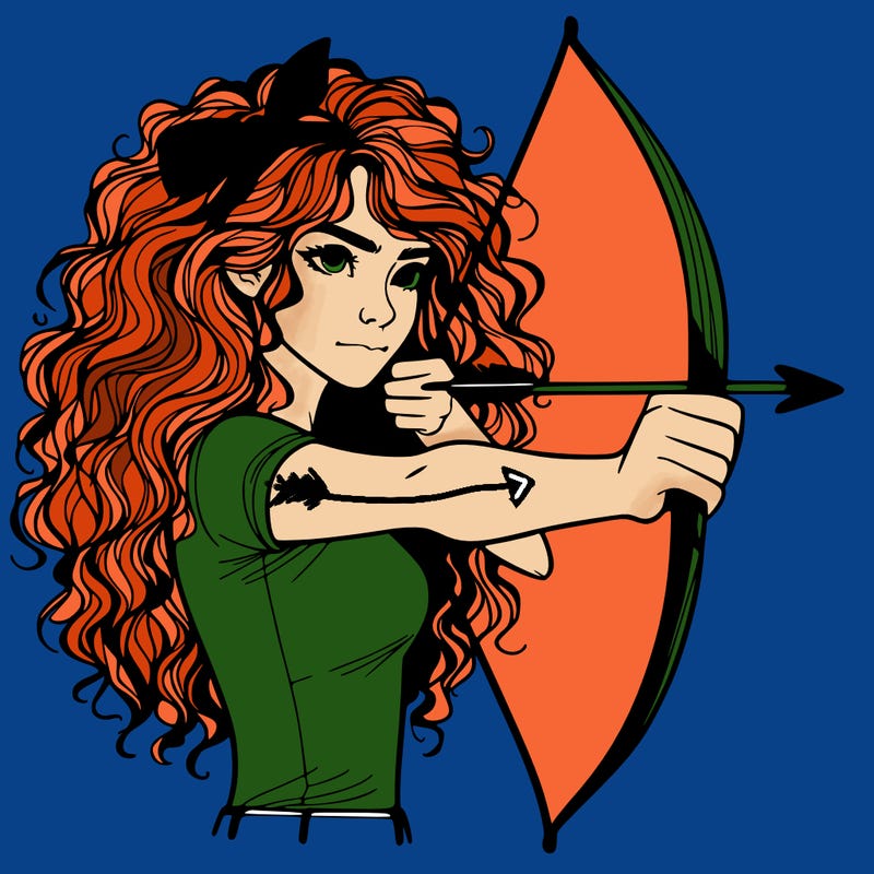 a woman with curly and messy hair using a bow to shoot arrow realistic