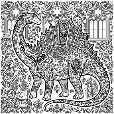 Embark on a captivating coloring adventure with this unique Amargasaurus, reimagined in a dramatic Gothic style. This intricate design features Victorian-inspired patterns, skulls, and roses, offering a truly immersive artistic experience.