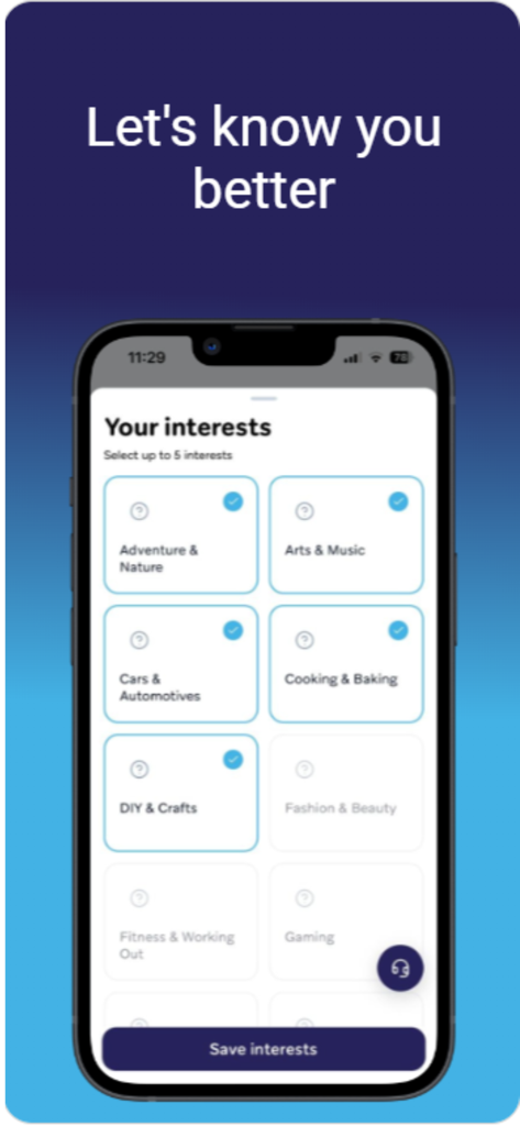 Qarib : Connect & Grow - A mobile interface for the Qarib app displaying a selection screen for user interests including arts, cooking, and DIY crafts.