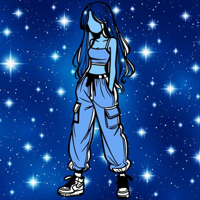 girl in baggy pants crop top and long hair