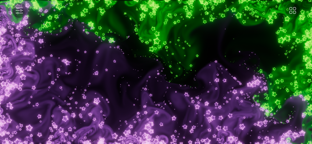 Go Particles: Anxiety Relief - Hipnotizantes partículas de estrellas brillantes verdes y púrpuras en movimiento fluido