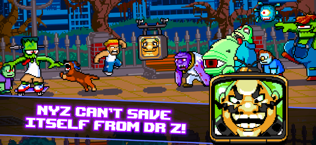 Kung Fu Zombie - A pixel art battle scene from Kung Fu Zombie showing the hero Zak and his dog fighting various zombies in a city
