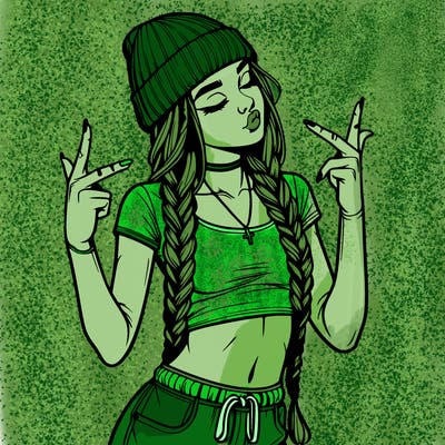 realistic teenage girl with braids and a beanie and crop top doing 🫶🏼